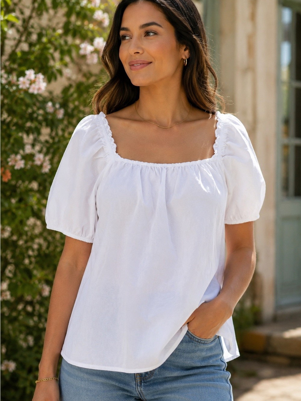 Nine West White Peasant Blouse 100% Cotton Puff Sleeve Square Neck Top Size XL
